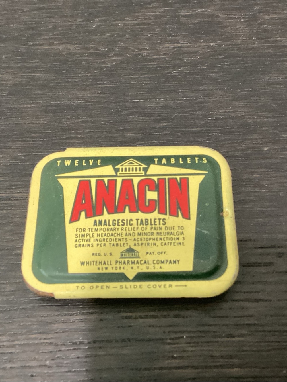 Vtg. MCM colors and graphicsANACIN Tablets pocket tin of tablets for pain relief